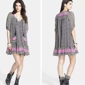Free People Penny Lane Babydoll TunicDress size Small Boho Print Chiffon Pockets